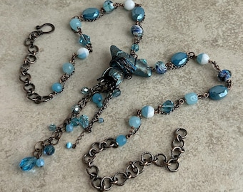 Boho BlueBird Long Eclectic Tassel Pendant Necklace in Turquoise Blues and Copper