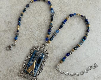 King Coyote Pendant Necklace in Blue and Silver