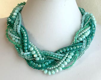 Lush Braided Glass Choker in Aqua, Turquoise and Teal