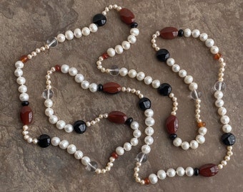 Fabulous Salvaged Long 54" Knotted Necklace of Freshwater Pearls, Carnelian, Onyx and Crystal--No Metal