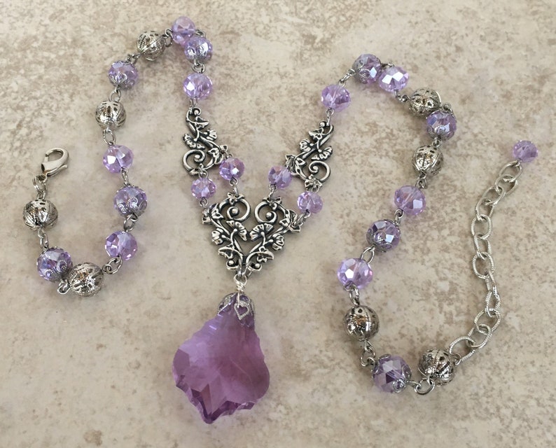 Czech Bohemian Style Color Change VioletPeriwinkle Glass and Antique Silver Pendant Necklace