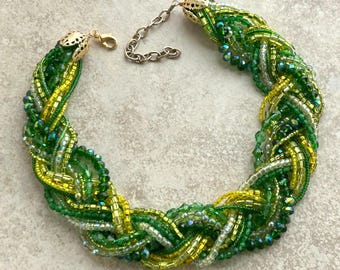 Sunlit Trail Chunky Glass Braided Collar in Mostly Greens