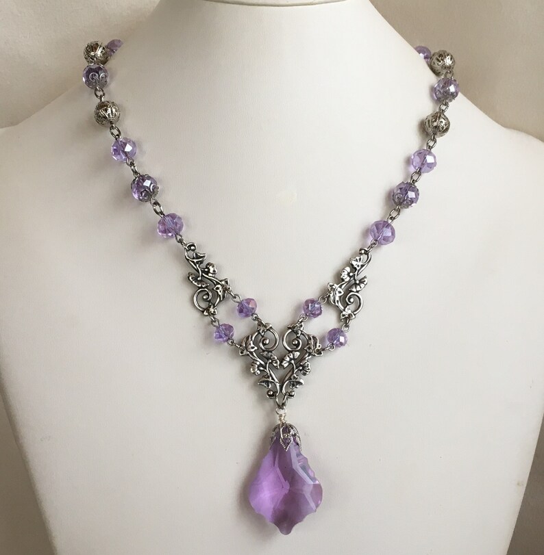Czech Bohemian Style Color Change VioletPeriwinkle Glass and Antique Silver Pendant Necklace