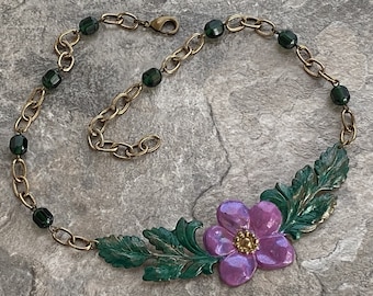 Eglantyne Patina Brass Choker in Orchid and Green