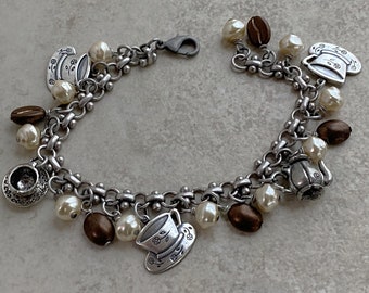 Barista Bracelet in Silver and Brown with Pearls