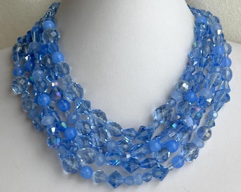 A Surfeit of Sapphire--Chunky Multistrand Collar of Beads and Crystals