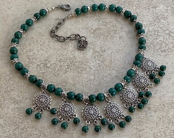 Moroccan Style Forest Green Mountain Jade and Antique Silver Pewter Choker