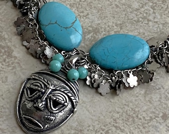 Blue Man Turquoise and Silvertone Pendant Necklace