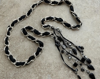 Ribbon and Chain Lariat in Silver and Black