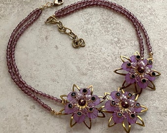 Orchid Purple and Gold Brass Layered Flower Choker