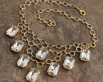 Glittery Cascade Necklace in Gold and Big Crystal Rhinestones