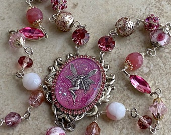 Glittery Fairy Angel Pendant Necklace in Pinks and Silver