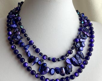 Glowing Deep Indigo Purple 3 Strand Bib Necklace