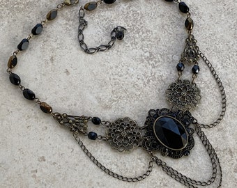 Victorian Bohemian Style Festoon Choker in Jet Glass and Antique Brass