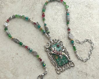 Salamander Steampunk Pendant Necklace in Green and Silver