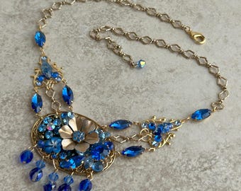 Sparkly Collage Czech Style Choker in Sapphire Blue and Gold Brass