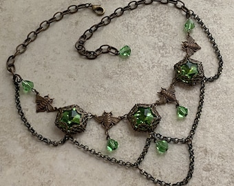 Czech Bohemian Style Festoon Choker in Peridot and Antique Brass with Bees