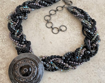 Black and Grey Braided Multistrand Ethnic Style Pendant Necklace