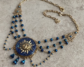 Sun King Festoon Necklace Metallic Blue and Gold