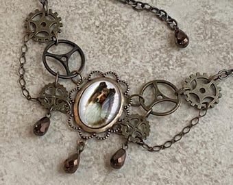 Clockwork Collie Antique Brass Steampunk Bib Necklace