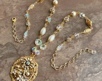 Victoriana II: Long Feminine Collage Necklace in Gold, Pearl, Crystal