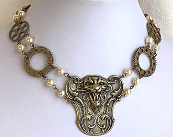 Wildcat Pearl and Antique Brass Steampunk Choker