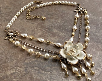 Ivory Rose and Antique Gold Czech Style Necklace