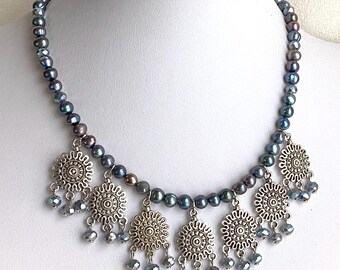 Glittery Ethnic Style Choker in Faded Rainbow Blues (Pearls and Crystals)