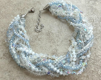 Frozen River Sparkly Braided Multistrand Tasselled Collar in Crystal and Icy Blues