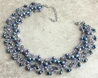 Glittery Twilight Purple Woven Collar in Glass and Pearls
