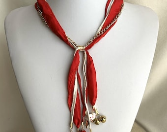 Festive Wintry Lariat in Red White and Gold