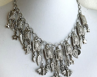 Antique Silver Nature Theme Bib Dangle Collar
