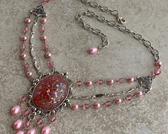 Ornate Czech Style Collar in Silver and Bright Rose Pink