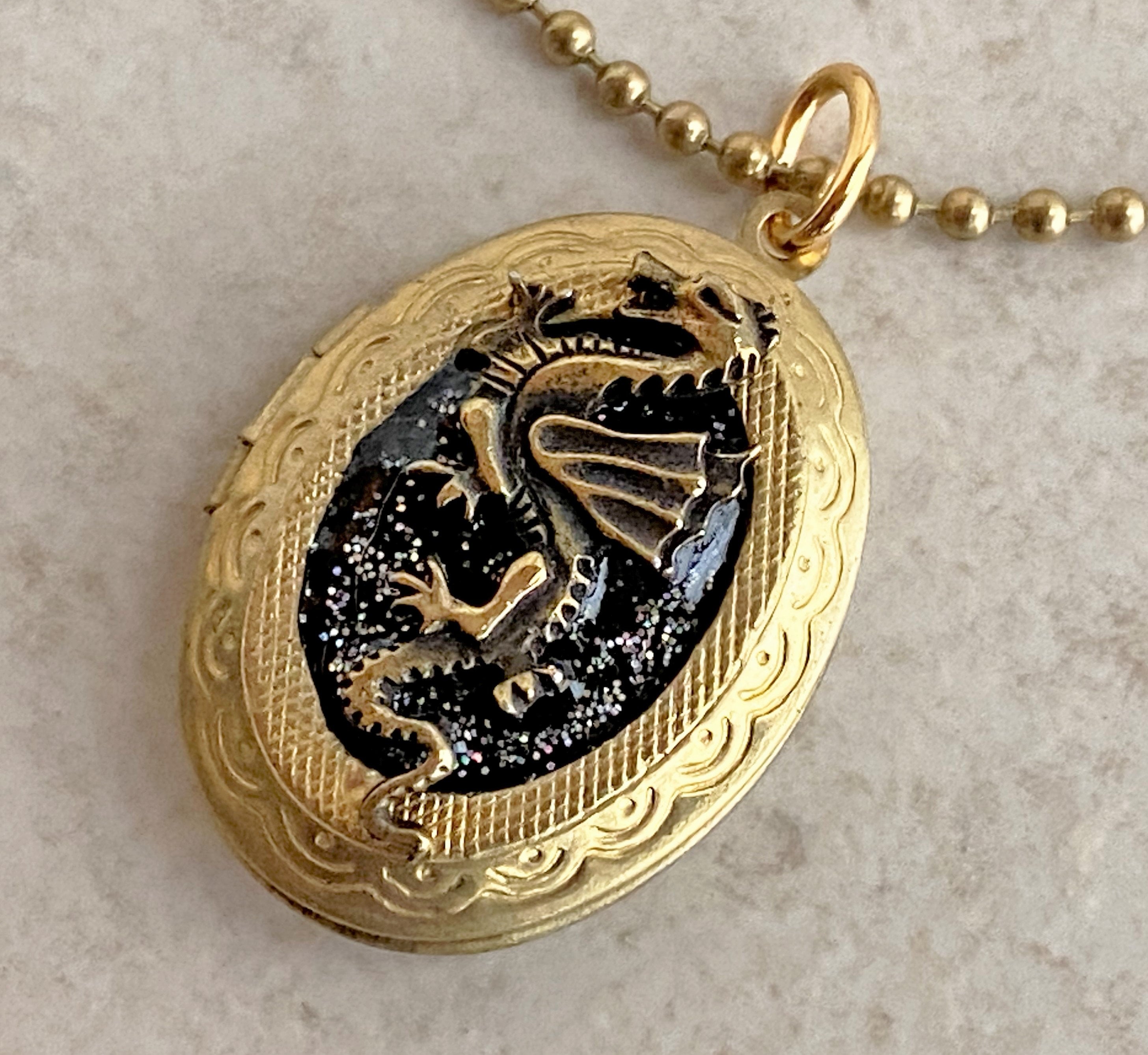 Vintage Black Dragon And White Dragon Glass Brass Locket Pendant Necklace Vintage Black Dragon And White Dragon Glass Brass Locket Pendant Necklace