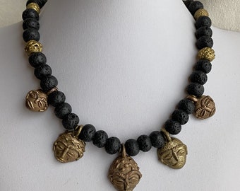 Five Guys Choker in Ghana Brass and Black Lava Beads