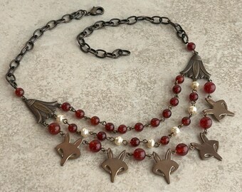Fox Bib Necklace in Carnelian, Pearl, and Antique Brass