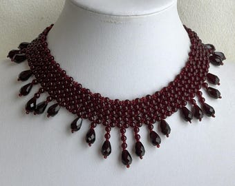 Deep Garnet Glass Woven High Choker/Dog Collar Necklace