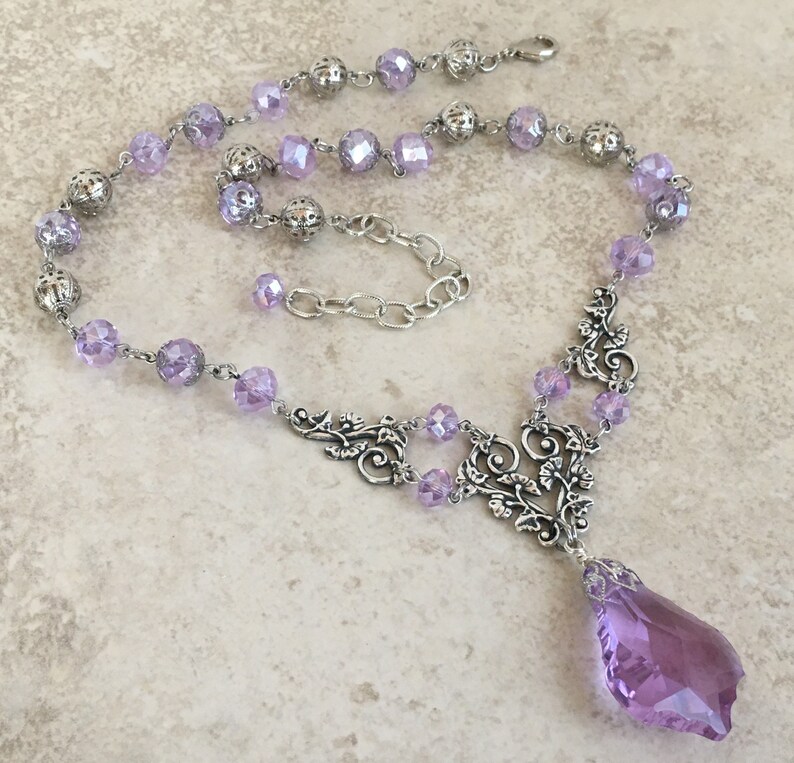 Czech Bohemian Style Color Change VioletPeriwinkle Glass and Antique Silver Pendant Necklace