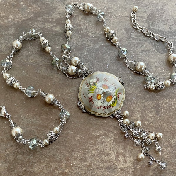 Twilight Daisies Long Tassel Pendant Necklace in Subtle Greys and Oyster Beige