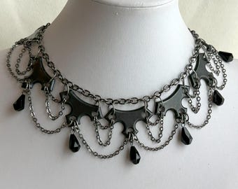 Gothic Hardware Swag Collar in Gunmetal with Jet Glass Accents