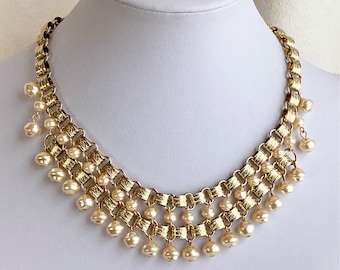 Gold and Cream Glass Pearl Dangle Collar