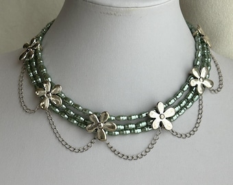 Silver Daisies Sage Green Glass Pearl Festoon Choker