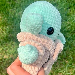 May include: A handmade crochet octopus in light teal and beige. The octopus has a round head, two large black eyes, and soft, textured tentacles. The plush toy is held against a background of green grass.