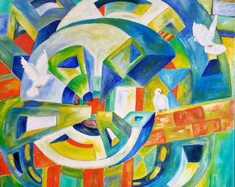Cubist Dove Oil Painting, Expressionist Canvas Art, Vintage