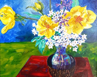 Flowers, Impressionist, Expressionist, Original Oil Painting, One-of-a-Kind, Wall Art, Stretched Canvas,