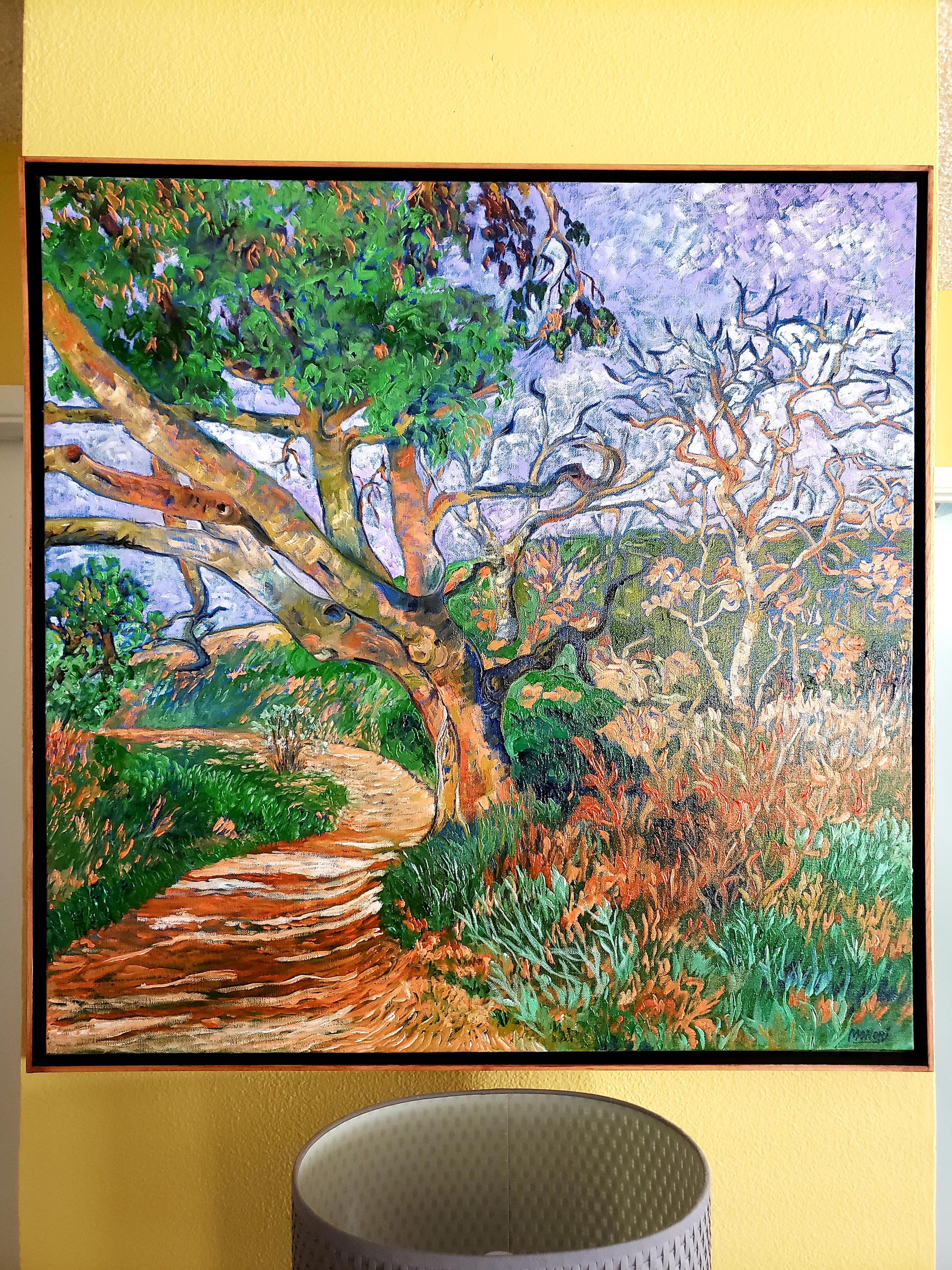 風景画、印象派、オリジナル油絵、フローティング木製フレーム、在庫1