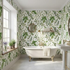 Botanical Herb Wallpaper | Watercolor Basil Rosemary Peel and Stick Wallpaper | Kitchen Farmhouse Removable Mural