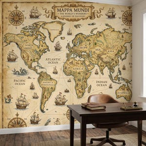Vintage World Map Mural | Antique Nautical Sailing Ship Wallpaper (Peel and Stick)