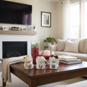 May include: Three ceramic Maneki Neko figurines on a dark wood coffee table. The figurines are white with colorful accents, including orange, yellow, and black. Each cat has a raised paw and Japanese text. A glass vase with red berries and a candle are also on the table.