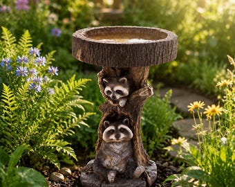 Bain d'oiseaux raton laveur des bois, statue décorative en résine pour patio, décoration de chalet, cadeau pour amoureux de la nature